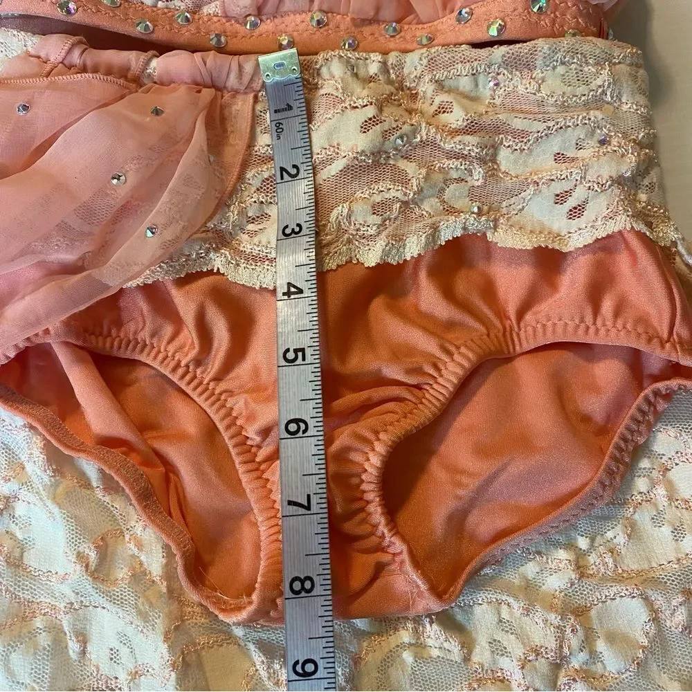 Custom made dance costume blush peach lace rhinestone 2 piece child IC/MC medium